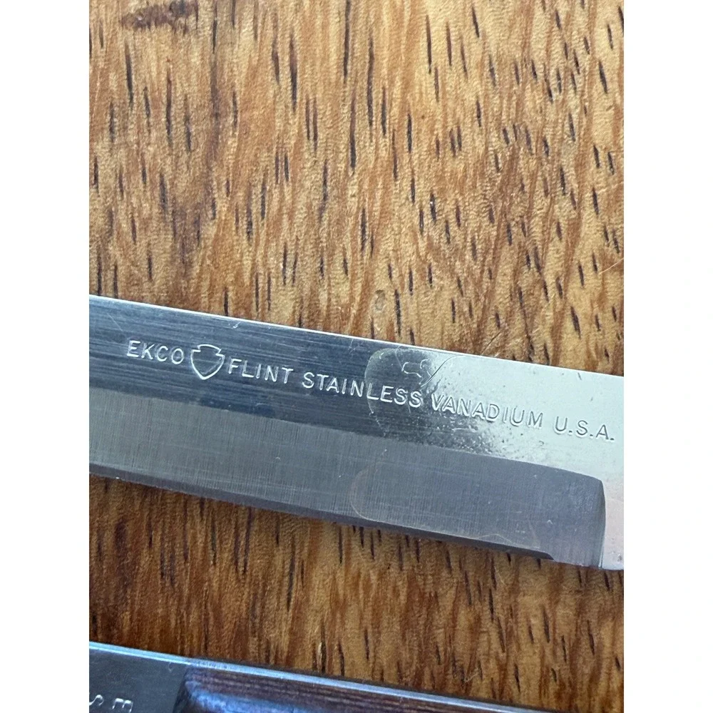 Vintage Ekco Flint Eterna Knife 4pc Stainless Wood Handle USA Slicer Serrated